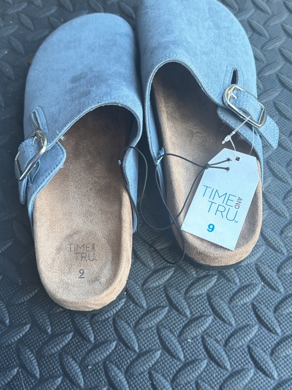 Time and Tru Light Blue Suede Slip-On Clogs with Buckle - Picture 3 of 4